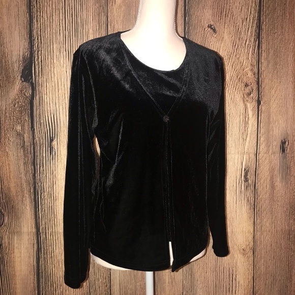 IMPRESSIONS SMALL BLACK LONG SLEEVED VELVET SHIRT With UNDERLAYER TANK - Picture 1 of 7